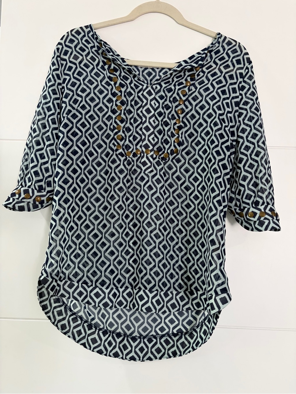 41 Hawthorn Geometric Print Navy and Light Turquoise Women's Blouse, Size M